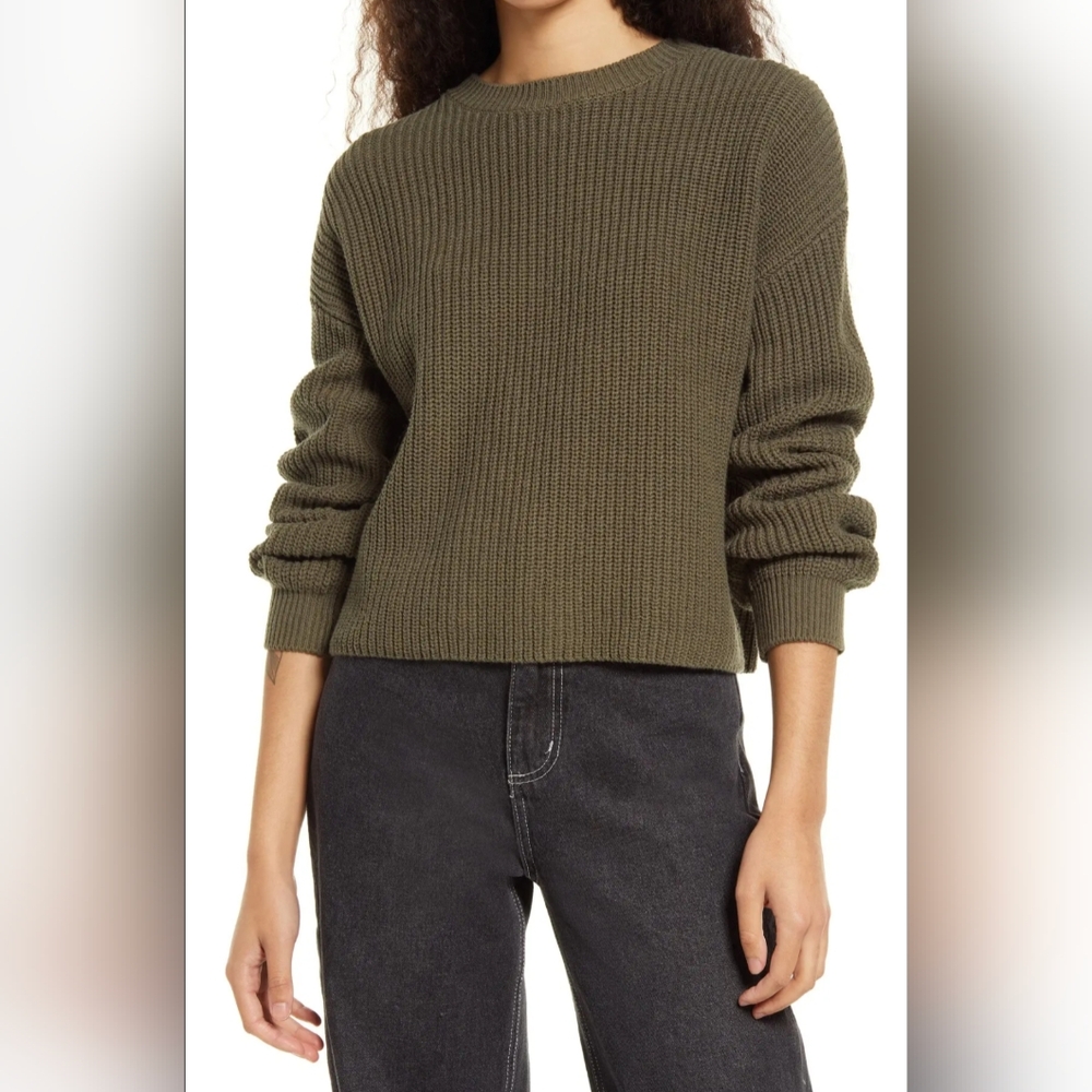 BP Cleo Cropped Pullover Sweater In Olive Green, Size S